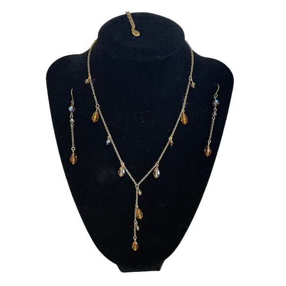 Annaleece by Devries Necklace & Earring Set Swarovski Amber Crystal Station - Picture 1 of 13